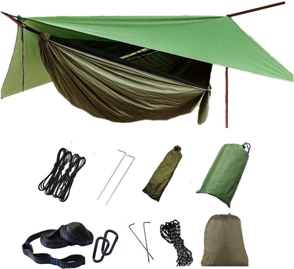 Outdoor hangmat met muggennet en regenvlieg, sneldrogende parachutestof, nylon, campinghangmat, tent voor trekking, reizen, strand, tuin (4801288927043)