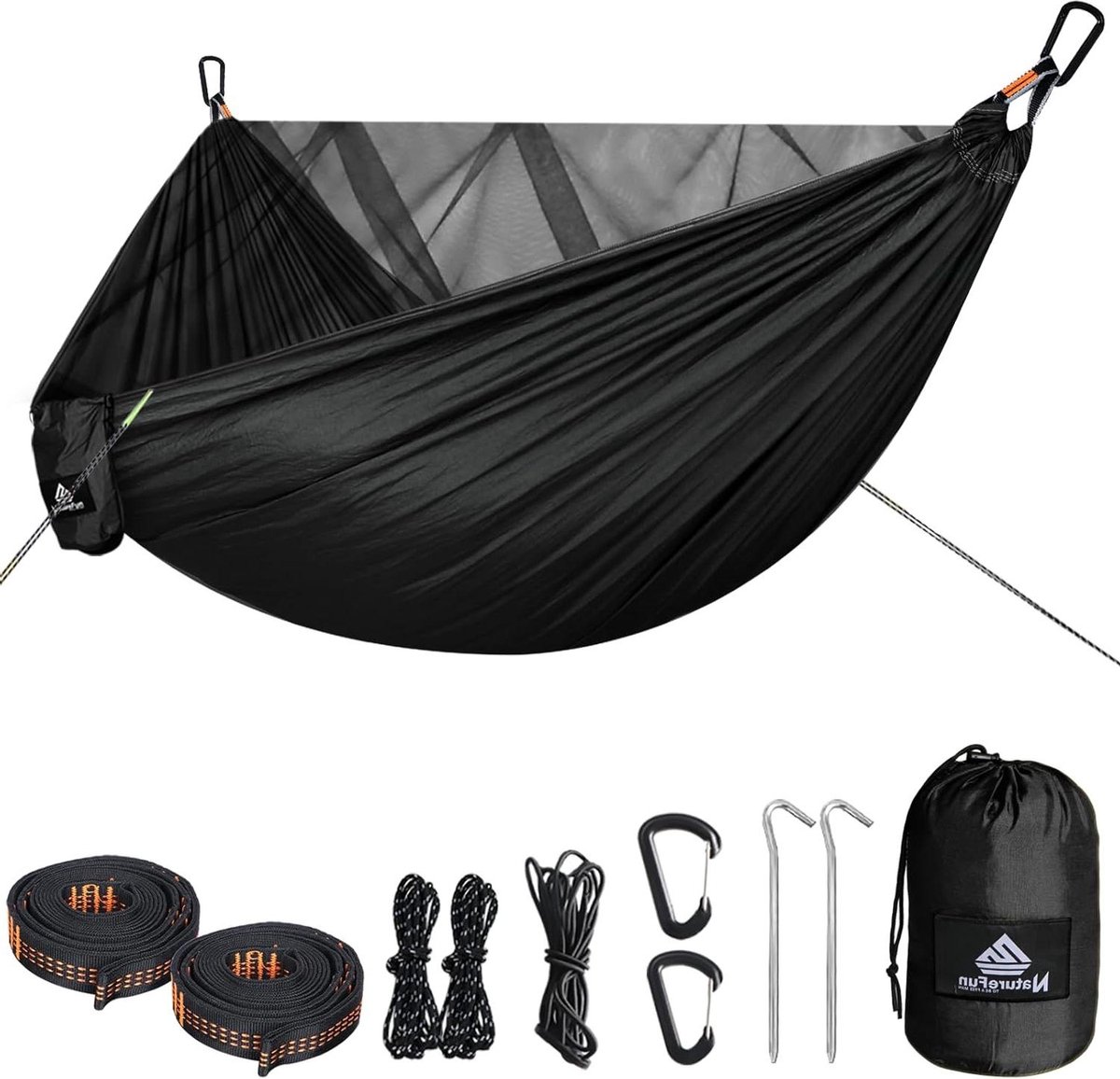 Reisinsectennet camping hangmat - 300 kg draagvermogen - ademend sneldrogend parachute nylon - 4 premium karabijnhaken - 3 nylon slings - 2 scheerlijntouwen - 2 grondnagels (8785300391899)