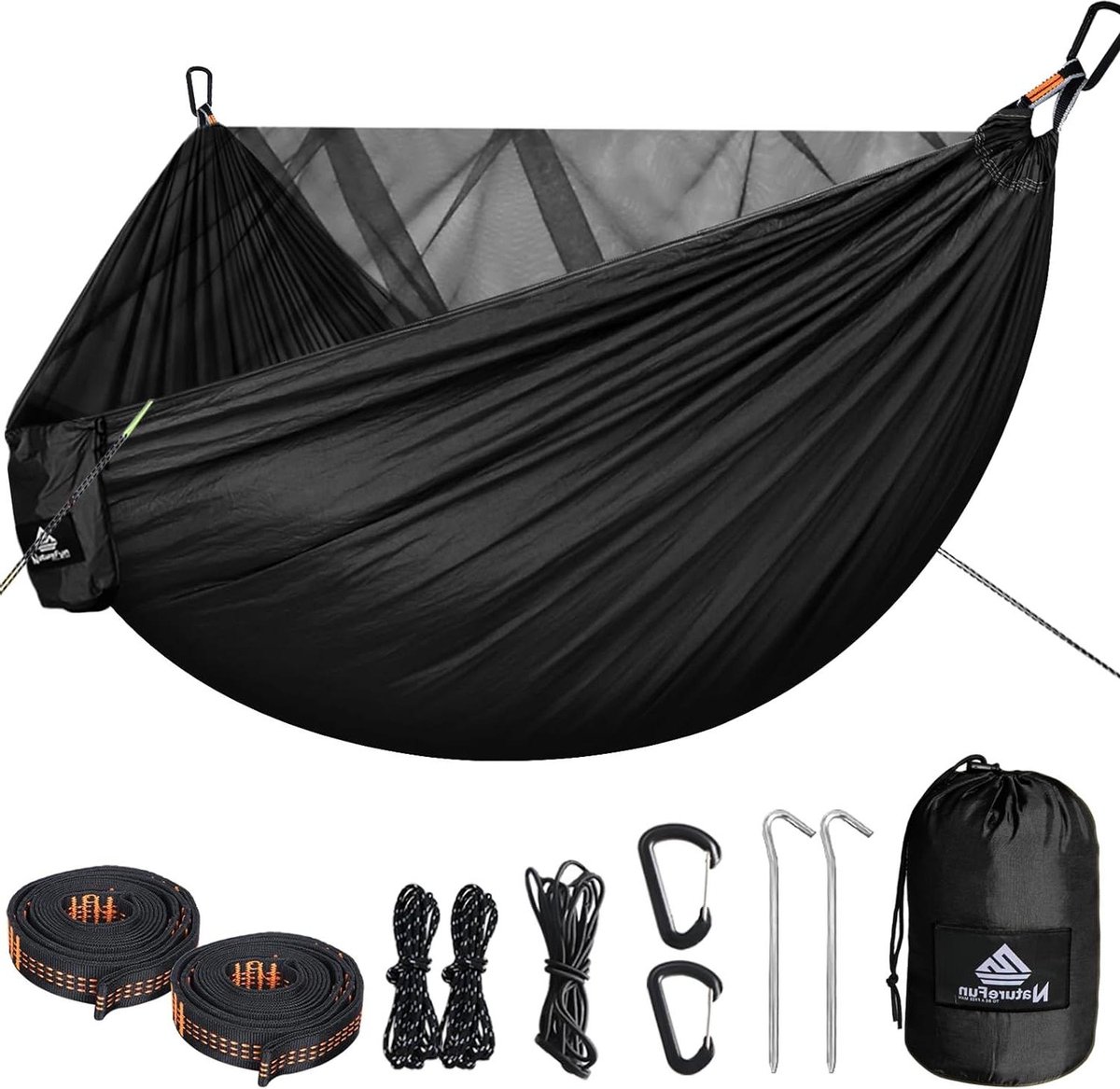 Reisinsectennet camping hangmat - draagvermogen 300 kg - ademend sneldrogend parachute nylon - premium karabijnhaken - nylon slings - scheerlijntouwen - grondnagels (8785302372476)