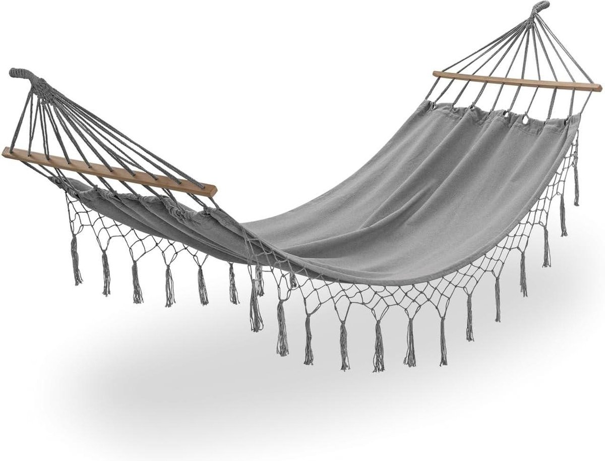 Swing Boho Hangmat Draagbare Camping Groot Katoen met Kwasten en Tas Grijs 200 x 100 cm (8785300393442)