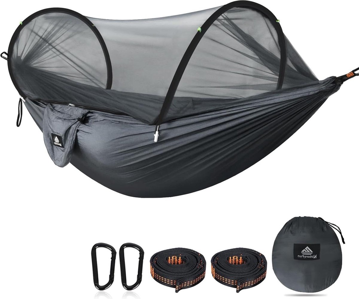 Ultralichte Travel Camping Hangmat met Bug Net - Draagvermogen 300kg - Ademend en Sneldrogend - Parachute Nylon - Inclusief 2 Premium Karabijnhaken en 2 Boomstroppen - Outdoor Backpacken (8785301183370)