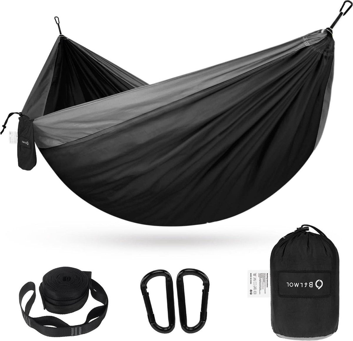 Ultralichte hangmat voor op reis en camping - 300 kg draagvermogen - sneldrogend parachutenylon - 2 x kwaliteitskabinetten - 2 x nylon riemen inbegrepen - voor binnen en buiten - tuin (8785302370663)