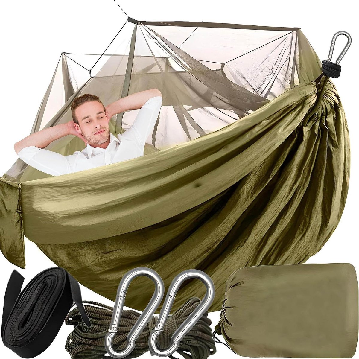 Ultrasone campinghangmat met muggennet - trekking hangmat voor backpacking en reizen - ademende nylon reishangmat met muskietennet voor tuin, wandelen en survival - 260 x 140 cm (8785302372377)