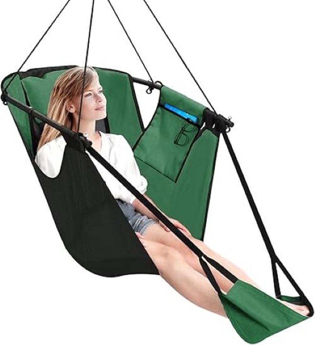 YOLO SHOP®-hangstoelen-met voetsteun-U-vormige hangstoel met metalen frame- robuuste Oxford-stof Teslin schommelstoel met zijzak-kussen karabijnhaa-groen (8721129212205)