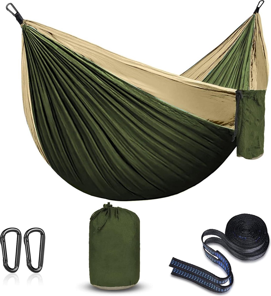 Hangmat voor Kamperen en Backpacken met Draagbare Parachute - Ultralicht Nylon - Tuin Schommel voor Outdoor Activiteiten - kaki/legergroen hangmat 2 person (6152809715709)