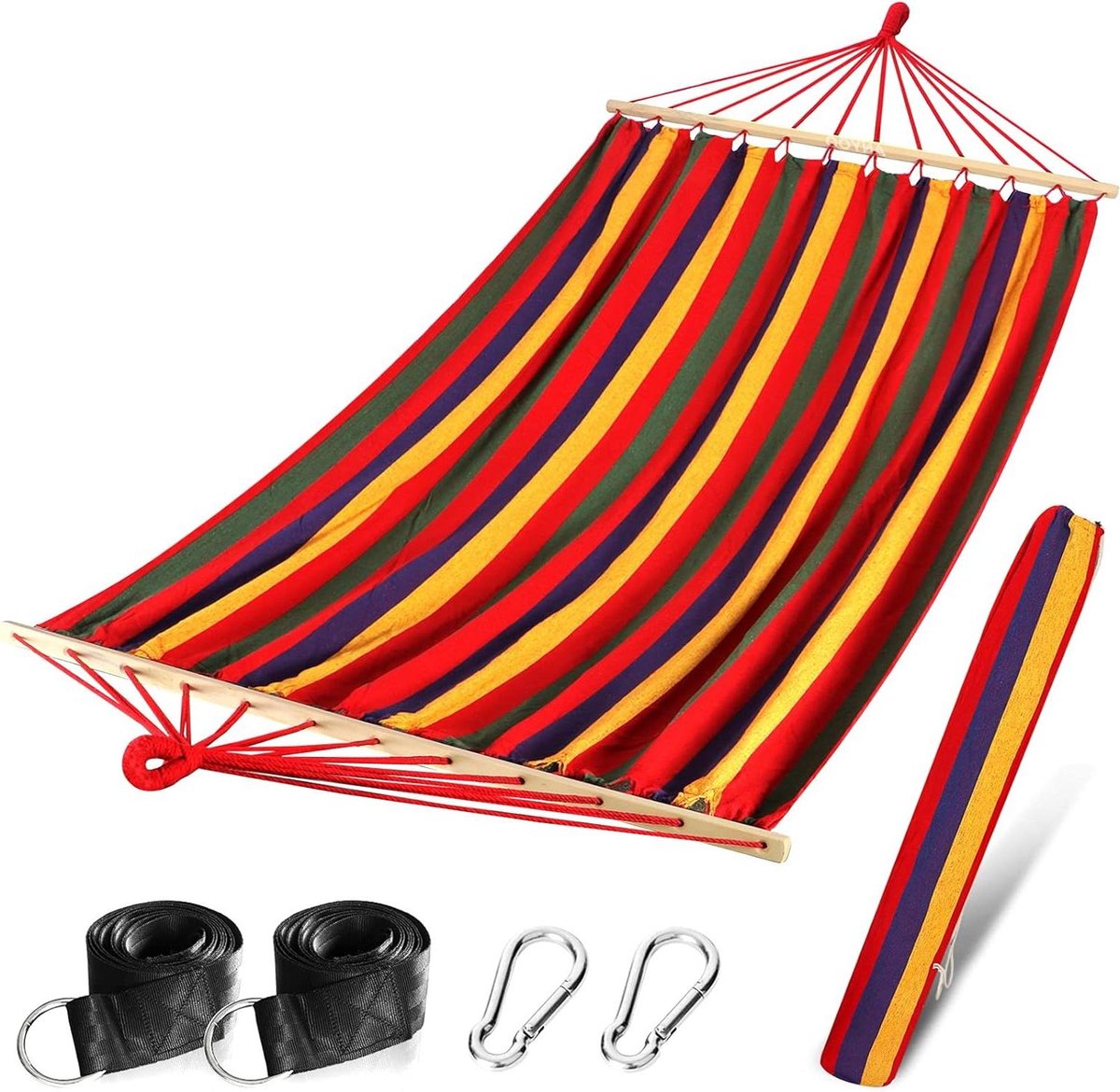 Outdoor Tuin Hangmat - 120 CM houten spreidstaven - grote katoenen hangmat - draagbare draagtas - ophangbanden - Patio Yard Beach Camping hangmat 2 person (6152809187131)