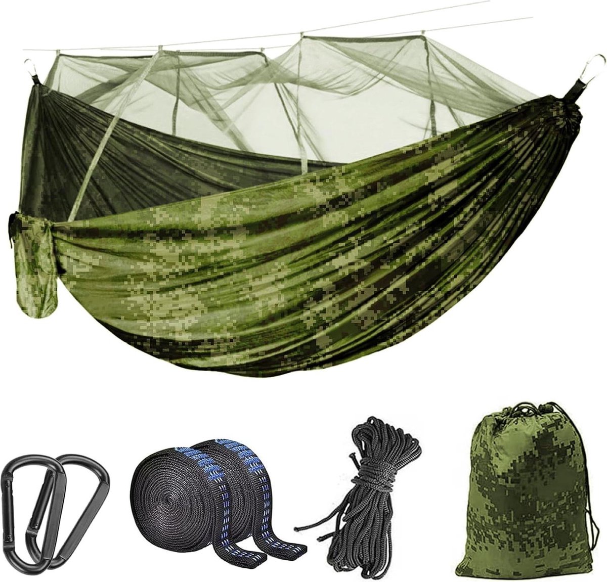 Outdoor hangmat met klamboe voor reiscamping - 260 x 140 cm - ultralicht - muggennet - 2 personen - 300 kg draagkracht - camouflage (8785302922909)