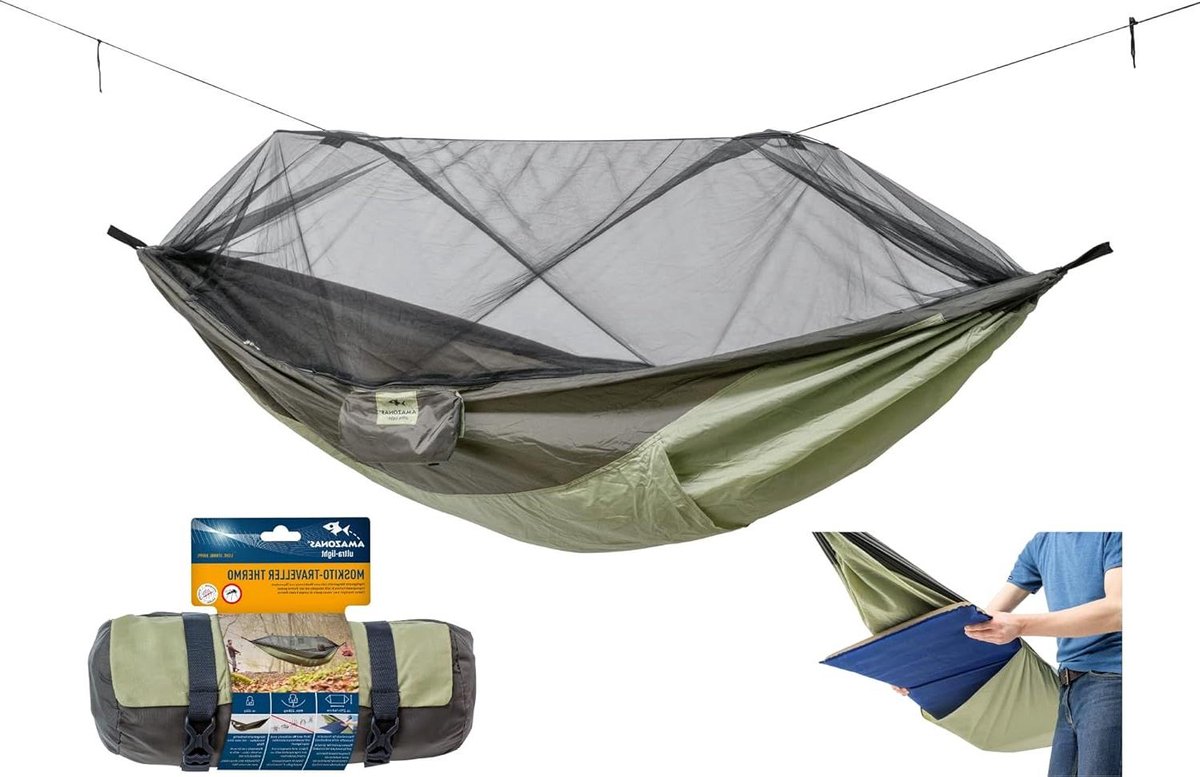 Ultra-lichte hangmat met muggen-traveller Thermo - Inclusief isomat vak - Belastbaar tot 200 kg - 275 m x 140 m hangmat 2 person (6152809690655)