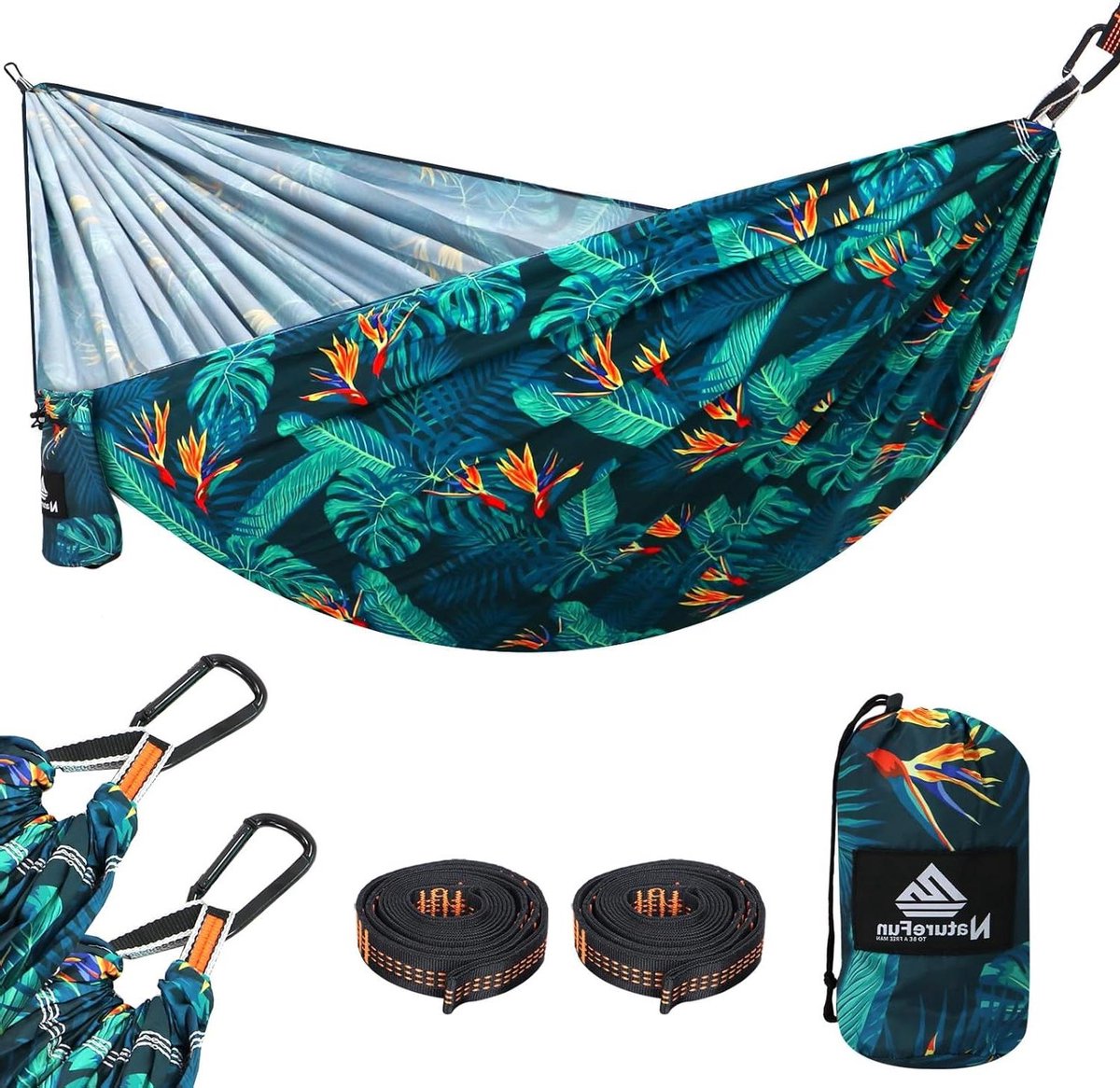 Ultralichte ademende reis-campinghangmat voor outdoor indoor gebruik - 300 kg draagvermogen - snel drogend - draagbaar (275 x 140 cm) - karabijnhaken en nylon slingers inbegrepen hangmat 2 person (6152809652691)