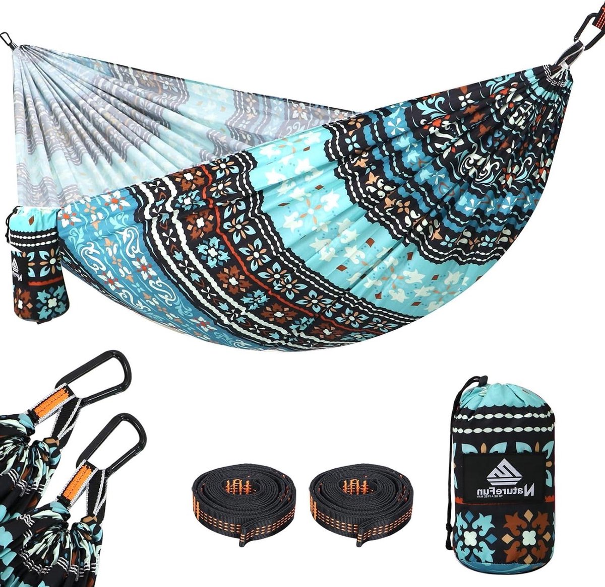 Ultralichte hangmat voor op reis camping - 300 kg draagkracht - ademend sneldrogende hangmat - 275 x 140 cm - premium karabijnhaak - lussen inbegrepen - buiten en binnen (8785302827433)