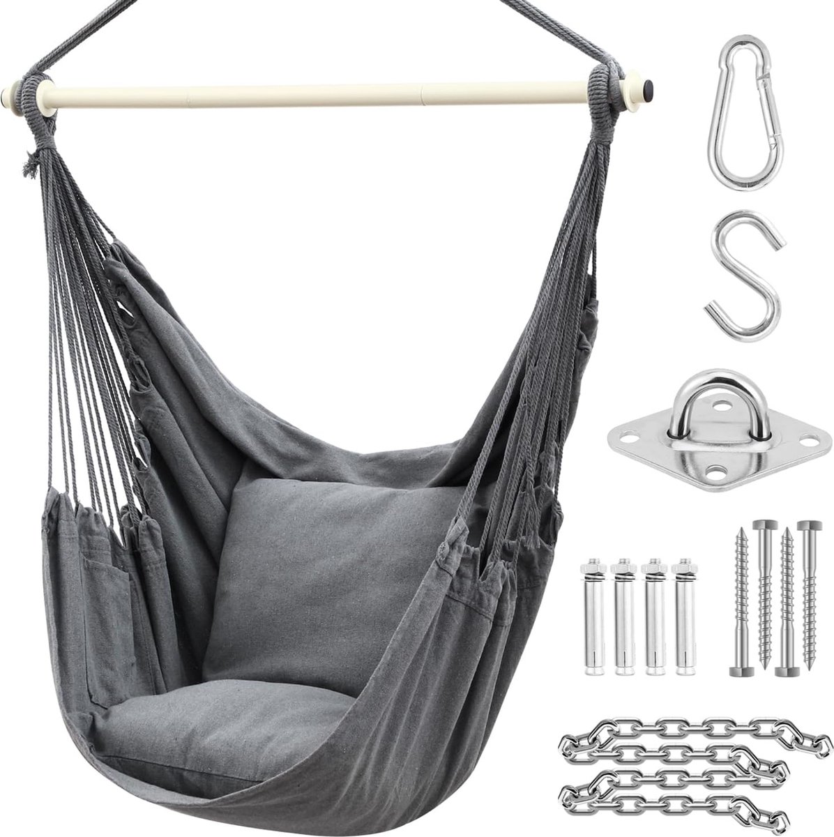 Hangstoel met 2 kussens en plafondhaken-kit, outdoor XL hangstoel tot 150 kg, voor volwassenen en kinderen, hangstoel, ophanging voor binnen en buiten, slaapkamer en tuin, grijs (8998339845114)