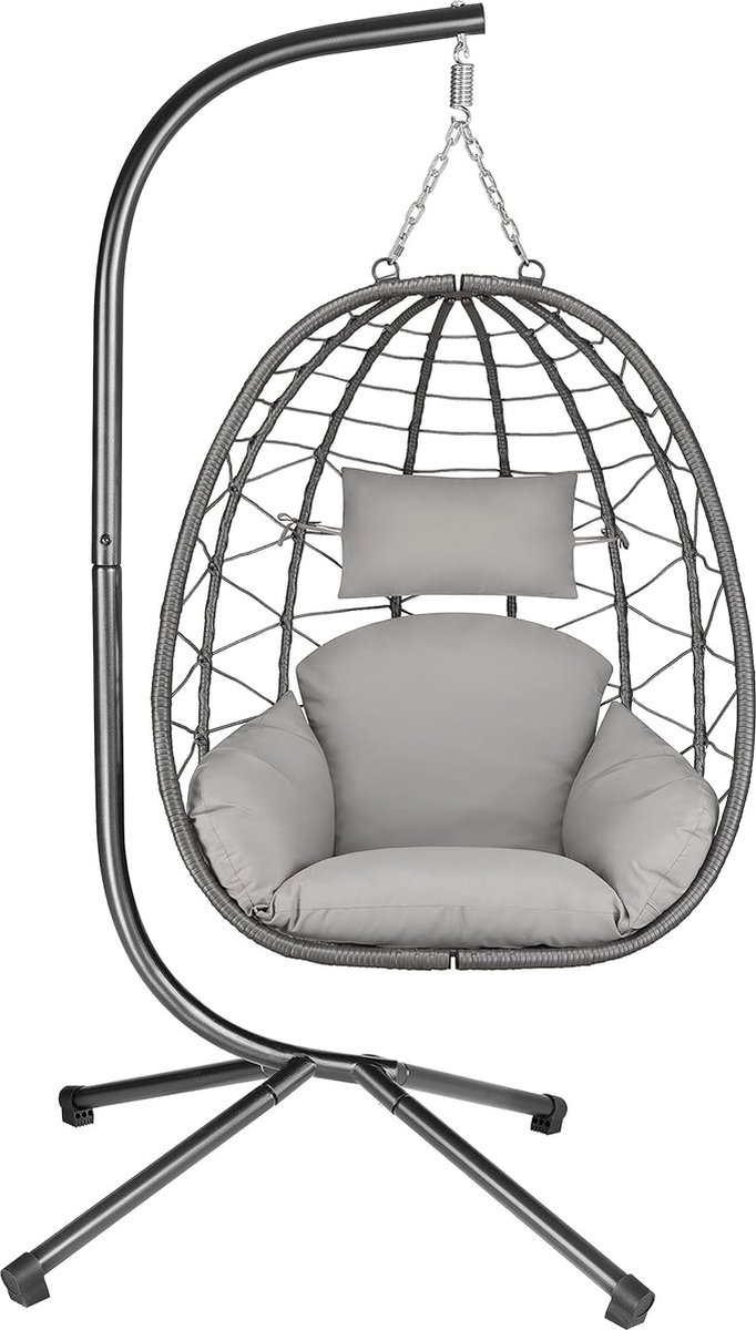 Hangstoel met frame, hangschommel voor binnen en buiten, incl. kussen en kussen, rieten stoel, hangstoel terras, eistoel, hangmand fauteuil, droomswinger, grijs (6150629552597)