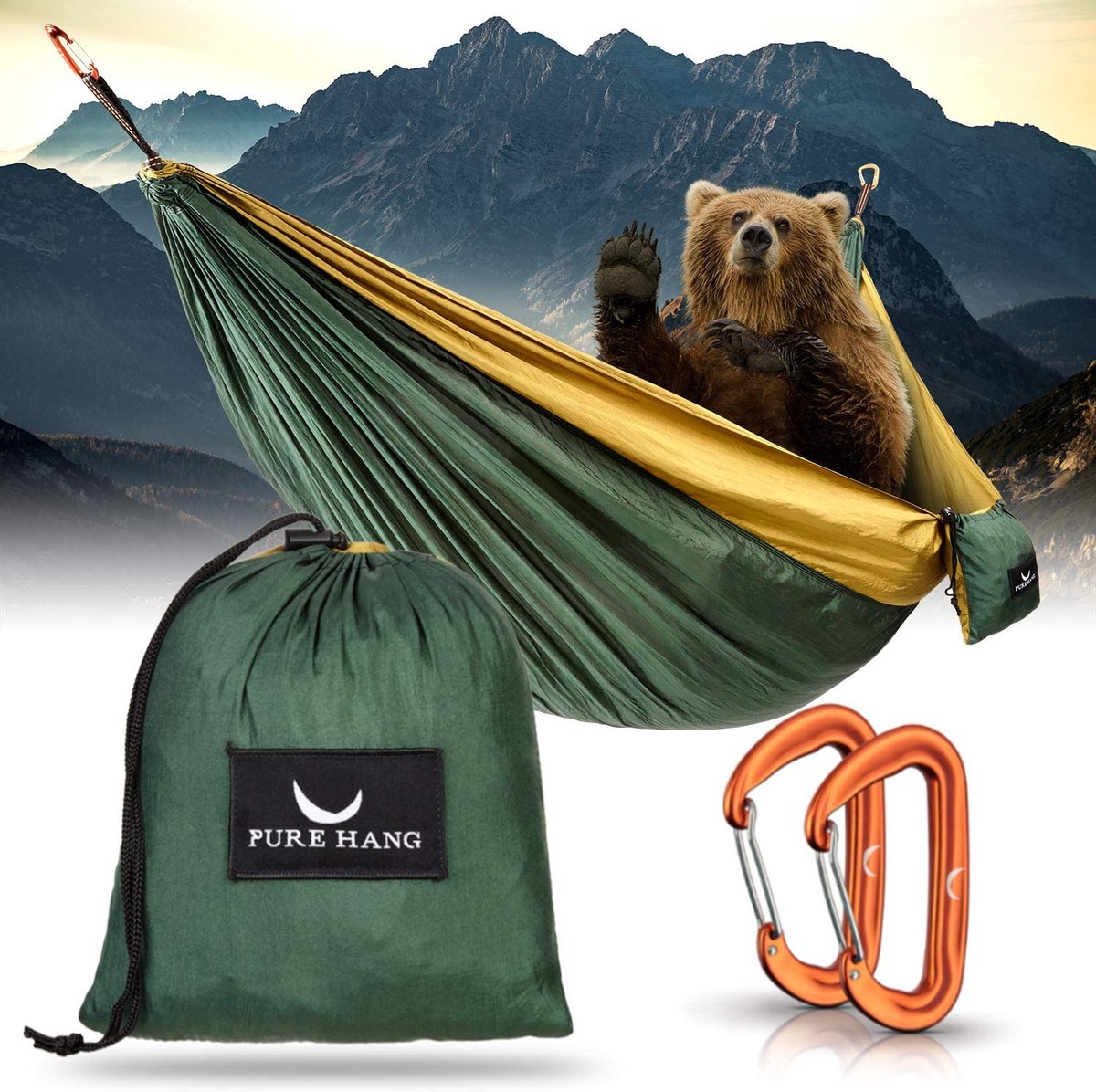 PURE HANG Premium Camping hangmat Outdoor XXL voor 2 personen 300 kg belastbaar 285 cm x 185 cm ultralichte parachutezijde met 2 karabijnhaken - Reizen strand tuin Travel - TÜV getest (0769498982136)