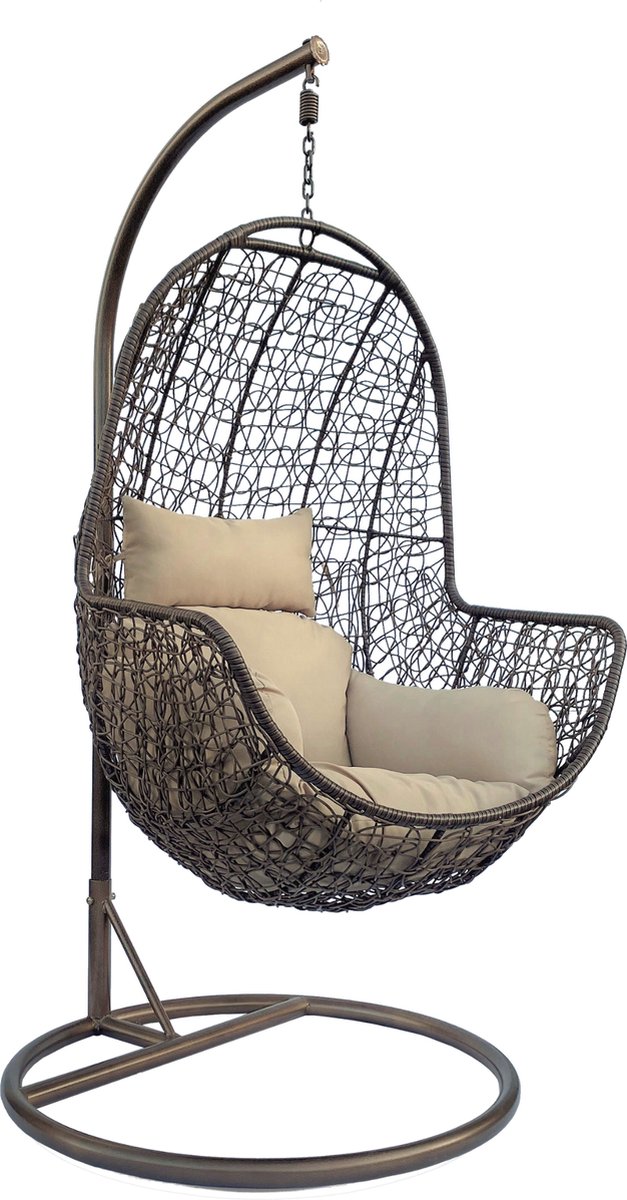 Rijoka Hangstoel Ragna Twisted Schommelstoel - Zand kussen - Bruin Rattan - Bruin Frame (8720297570315)