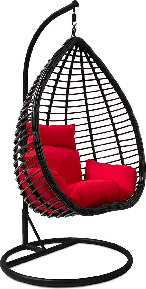 Rijoka Hangstoel Rollo Original Schommelstoel - Zwart Rattan - Rood kussen (8720297570308)