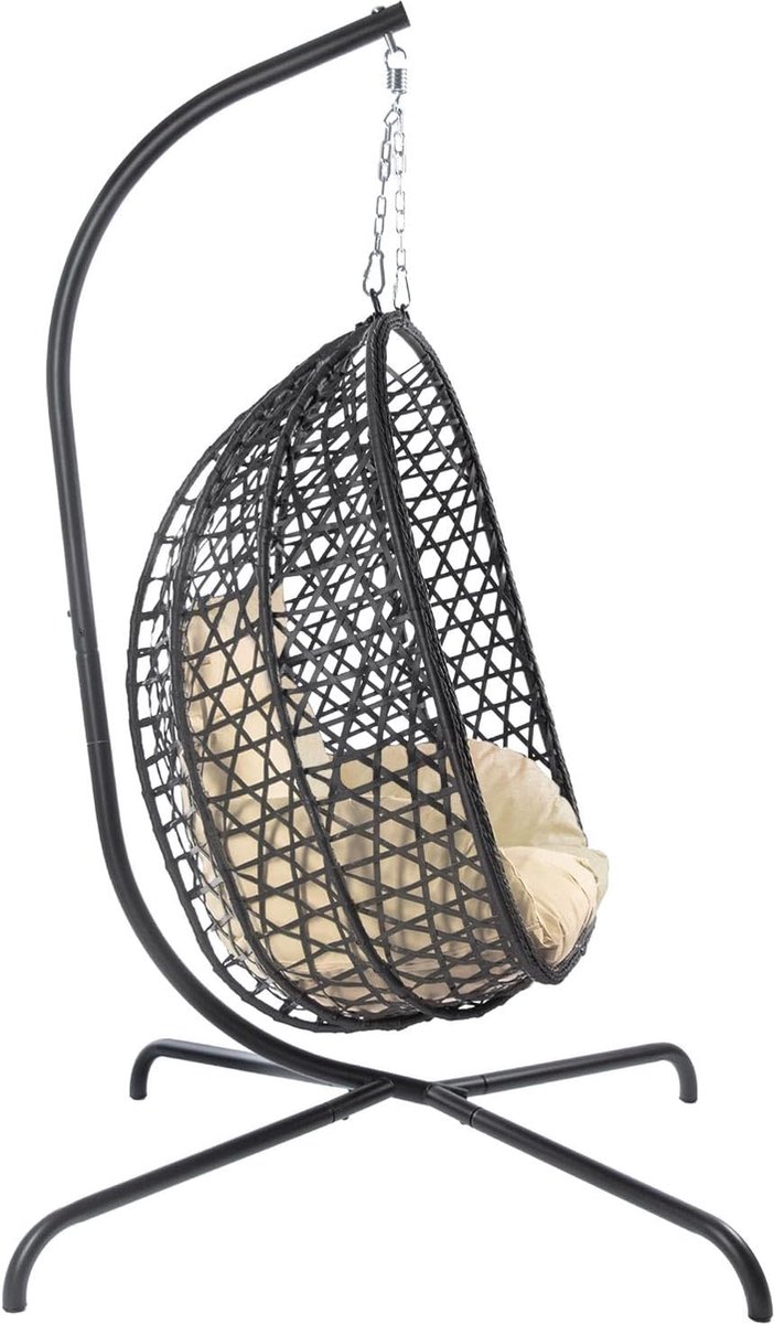 Hangstoel met frame; Hangmandstoel; Hangstoel rotan buiten & binnen relaxstoel; Eischommel ideaal voor tuin, terras, kinderkamer, leeshoek. Belastbaar tot 120 kg (Beige) (8785304269699)