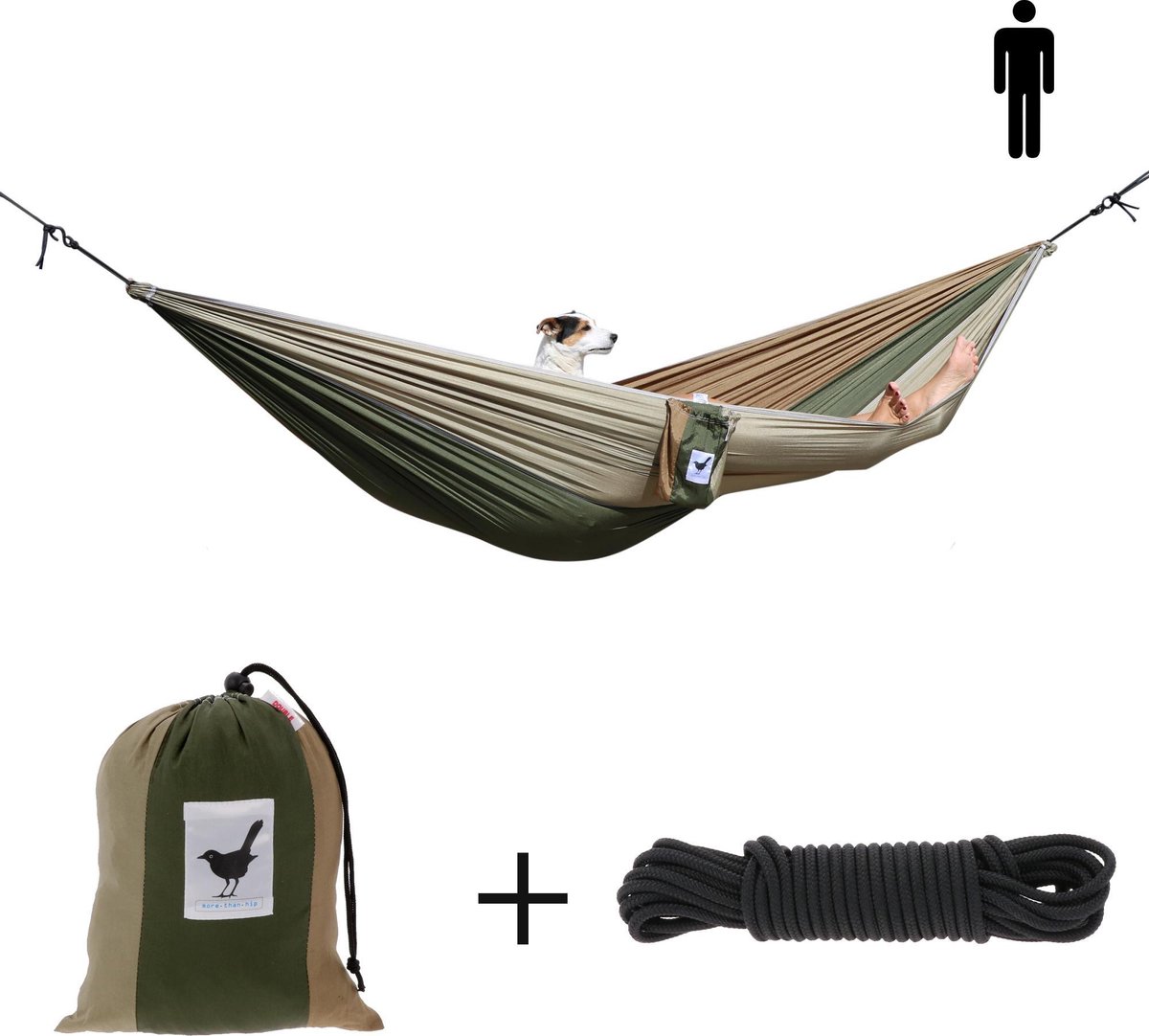 MoreThanHip - Single (reis)hangmat Camouflage - 1 Persoons - Incl. set touwen - groen/bruin - 180 kg draagvermogen - lichtgewicht - compact (8719743365735)