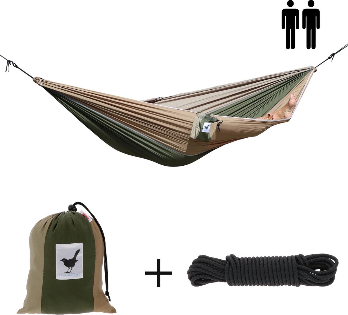 MoreThanHip - XXL (Reis)hangmat Camouflage - 2 Persoons - Incl. set touwen - bruin/groen - 180 kg draagkracht - lichtgewicht - compact (8719743360181)