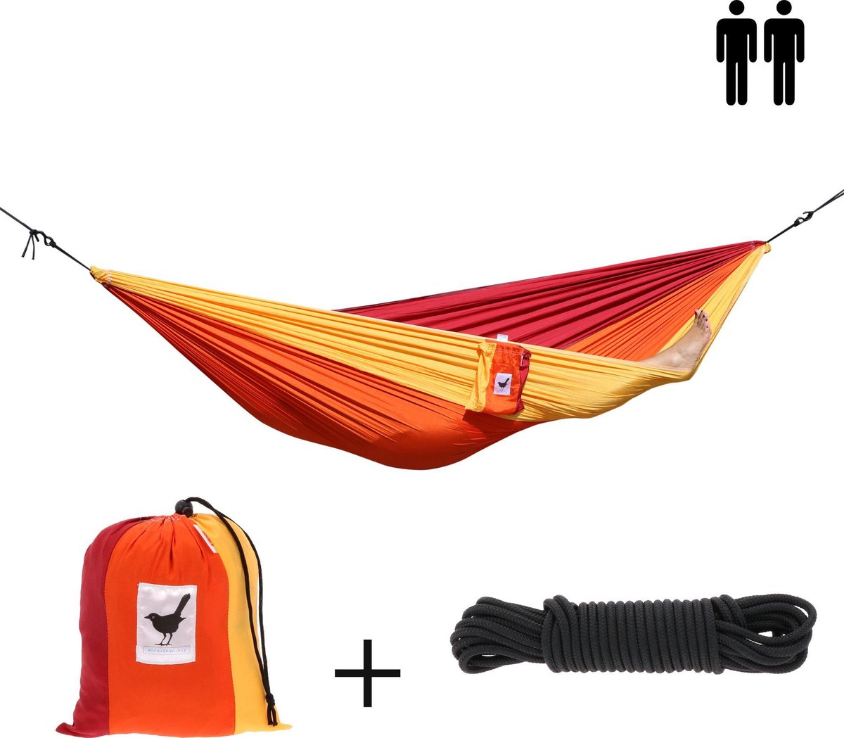 MoreThanHip - XXL (Reis)hangmat Sunset - 2 Persoons - Incl. set touwen - rood/oranje/geel - 180 kg draagkracht - lichtgewicht - compact (8719743365681)