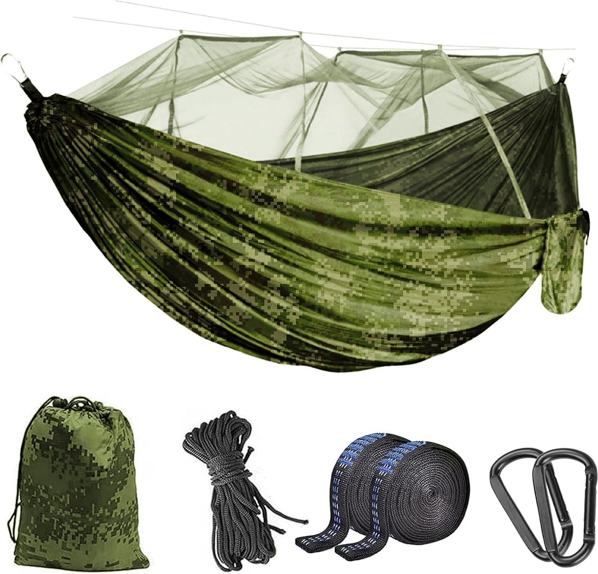 Outdoor hangmat met klamboe, reiscamping, 260 x 140 cm, ultralicht, reis-camping, hangmat, muggennet, hangmat voor 2 personen, 300 kg draagkracht, camouflage (7756002356081)