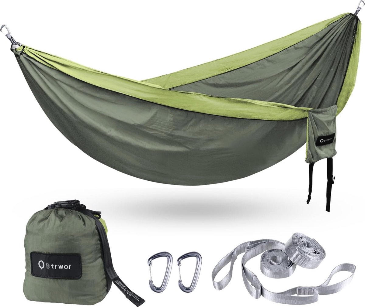 Outdoor hangmat voor 2 personen - 300kg draagvermogen - Dubbele nylon camping reishangmat met bevestigingsset - 290x170cm (Forest Green) (6152531135141)