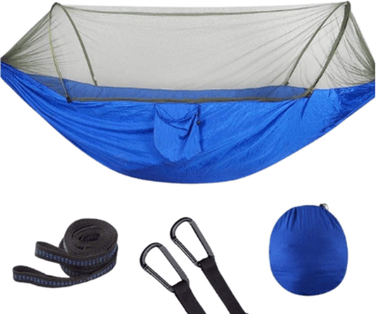 Reishangmat met Muggennet 1 Persoons - Blauw - Ideale hangmat voor op reis, gemaakt van ademend parachutestof. Slechts 750 gram en zeer compact, perfect voor wandelen, fietsen. Met muggennet voor bescherming tegen insecten. (8721264400949)