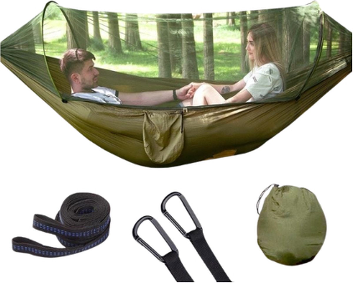 Reishangmat met Muggennet 1 Persoons - Groen - Ideale hangmat voor op reis, gemaakt van ademend parachutestof. Slechts 750 gram en zeer compact, perfect voor wandelen, fietsen. Met muggennet voor bescherming tegen insecten. (8721264400932)