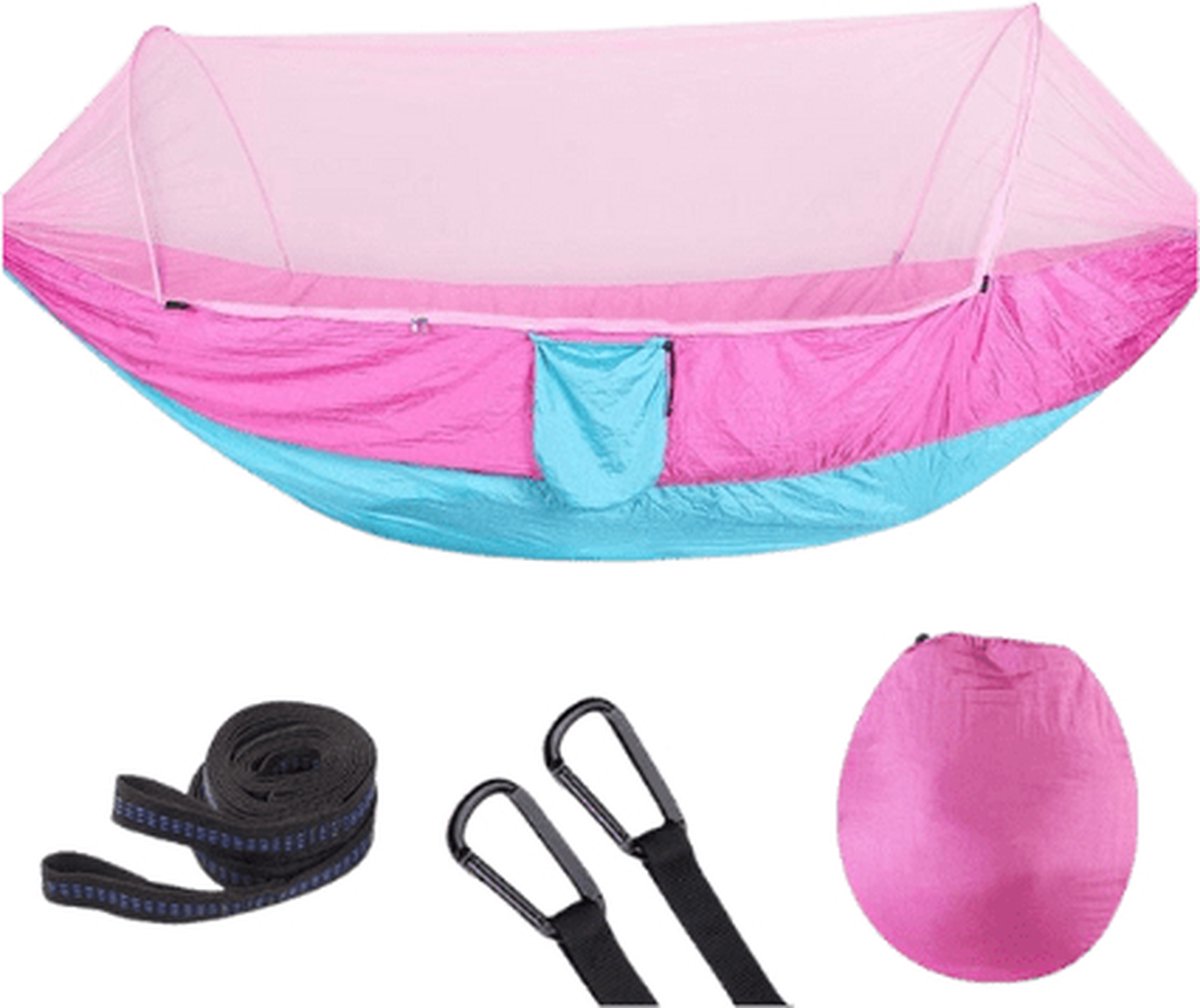 Reishangmat met Muggennet 1 Persoons - Roze/blauw - Ideale hangmat voor op reis, gemaakt van ademend parachutestof. Slechts 750 gram en zeer compact, perfect voor wandelen, fietsen. Met muggennet voor bescherming tegen insecten. (8721264400956)