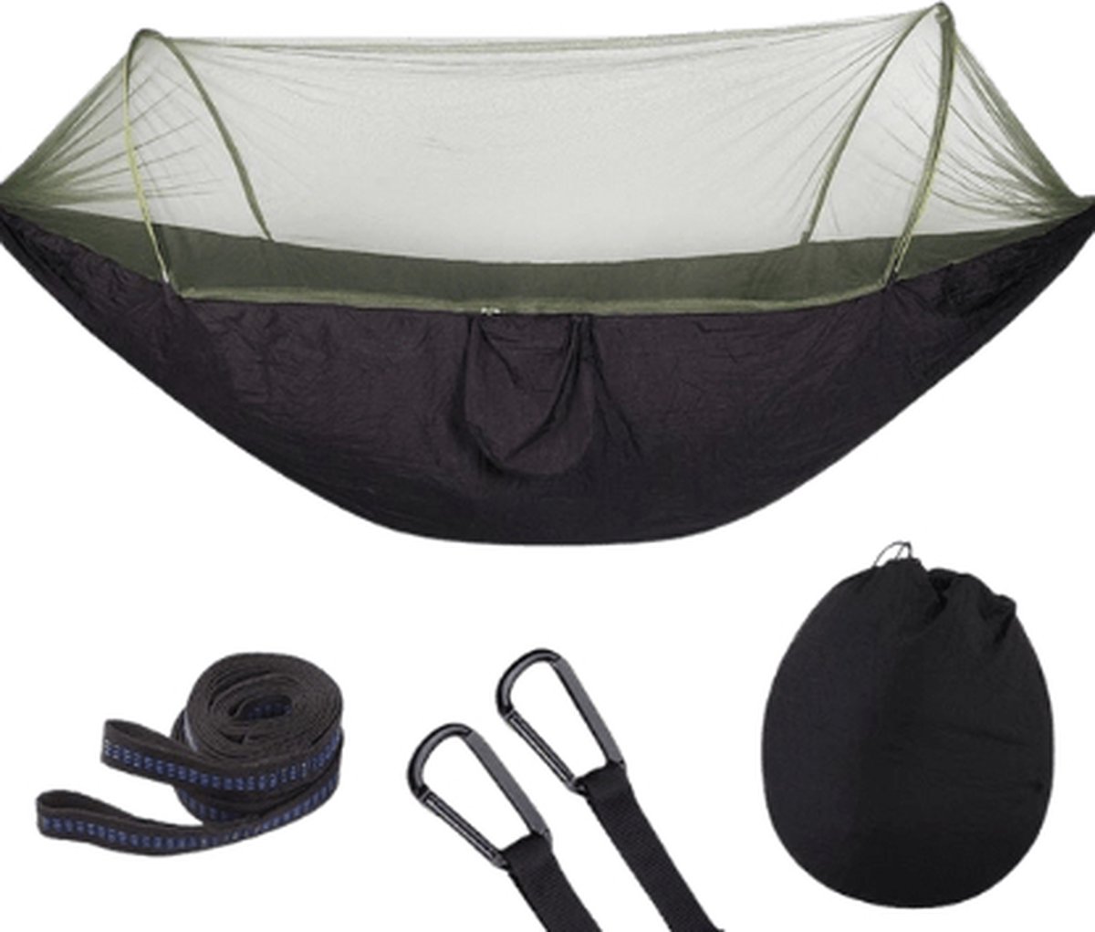 Reishangmat met Muggennet 1 Persoons - Zwart - Ideale hangmat voor op reis, gemaakt van ademend parachutestof. Slechts 750 gram en zeer compact, perfect voor wandelen, fietsen. Met muggennet voor bescherming tegen insecten. (8721264400925)