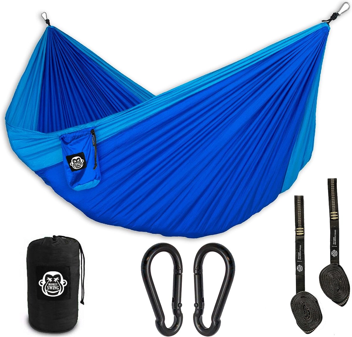 Reishangmat ultralicht (275 x 140 cm, max. 220 kg) in set, outdoor, reizen, trekking en camping, hangmat, reishangmat, tuin, strand (blauw/blauw) (7595980975149)