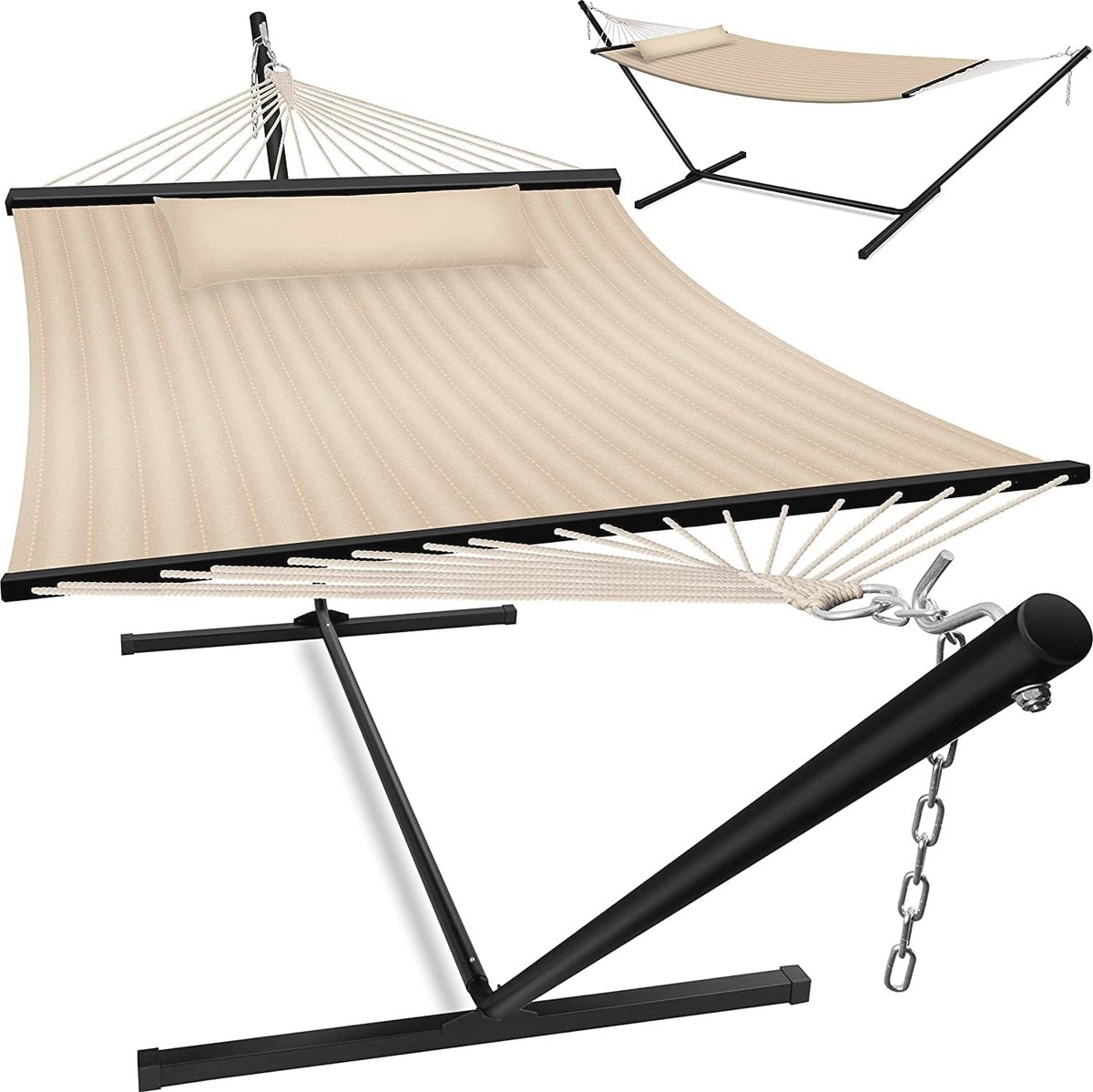 XXL Hangmat met Standaard en Kussen voor 2 Personen - Draagvermogen tot 200 kg - Perfect voor Tuin, Balkon en Terras (6152520351330)