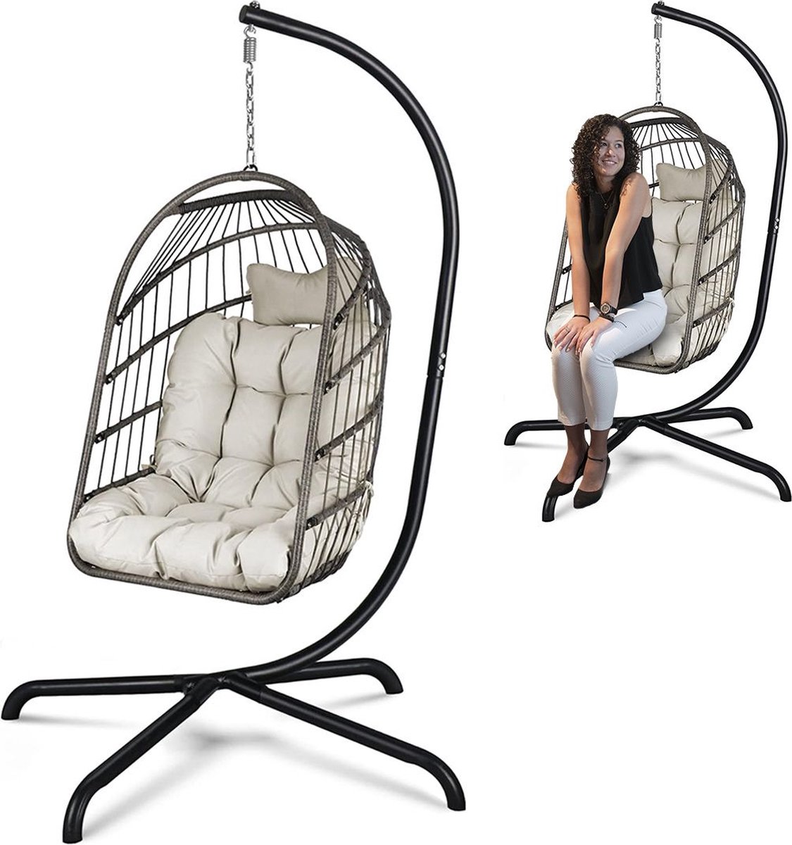 ApexArte® Egg Hangstoel - Hangstoel met Standaard - Chair voor Binnen en Buiten - Grijs (6150719649640)