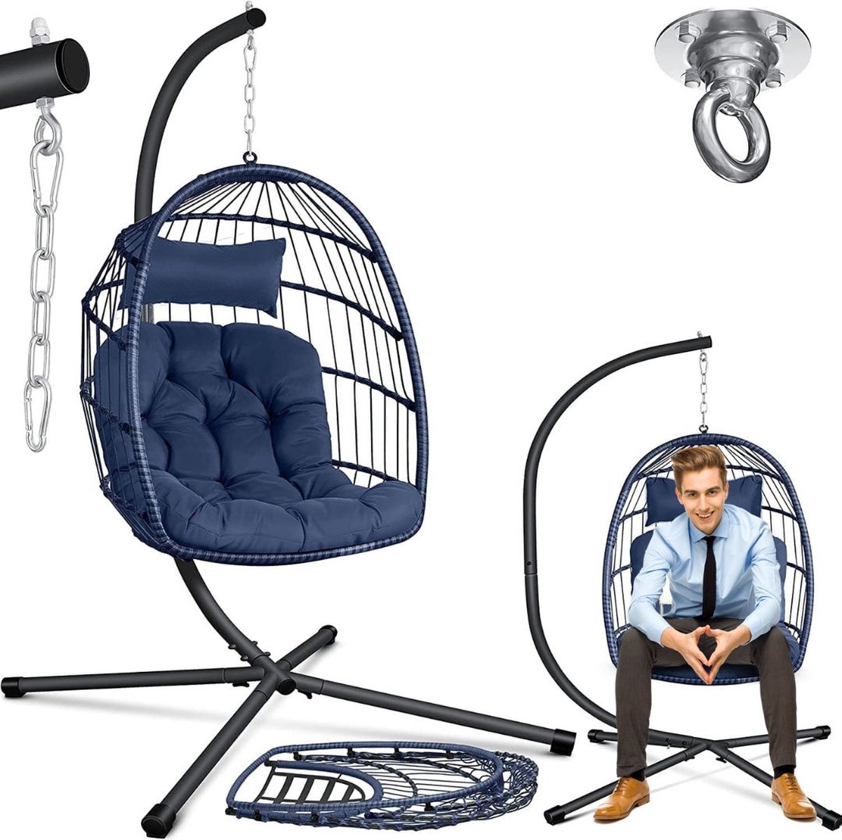 ApexArte® Egg Hangstoel - Hangstoel met Standaard - Chair voor Binnen en Buiten - Marineblauw (6150719664681)