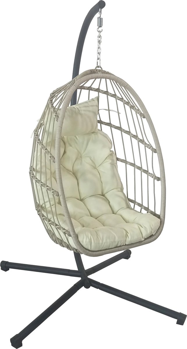 Inklapbare hangstoel - egg chair - crème zwart - beige kussens (8720602825703)