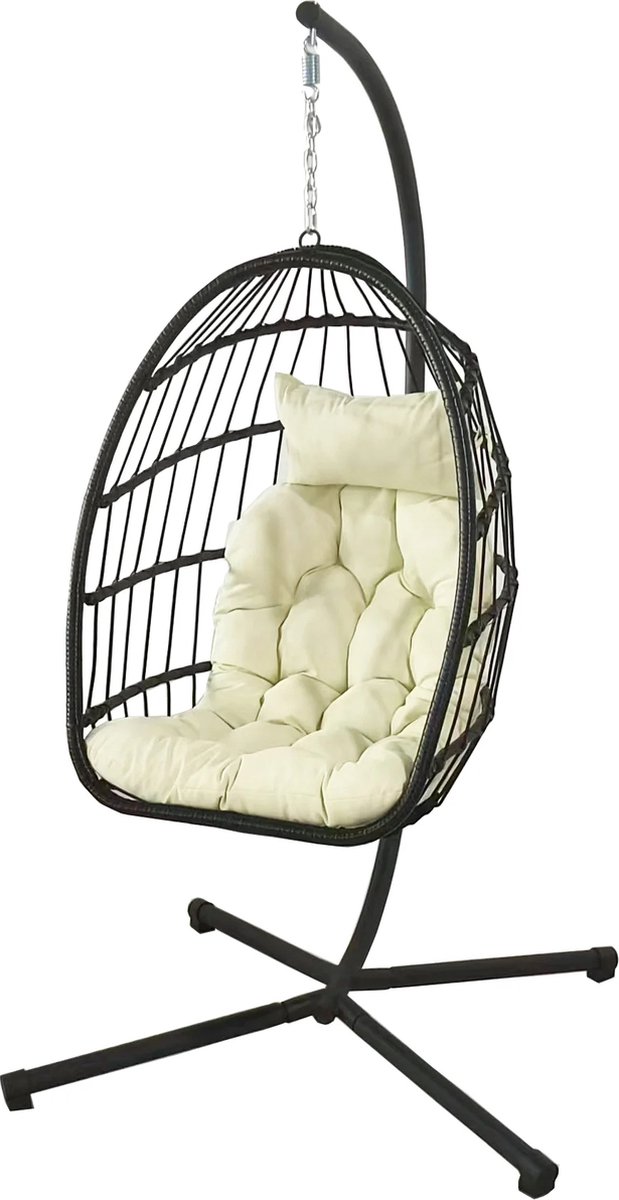 Inklapbare hangstoel egg chair - zwart - beige kussens (8720602825727)