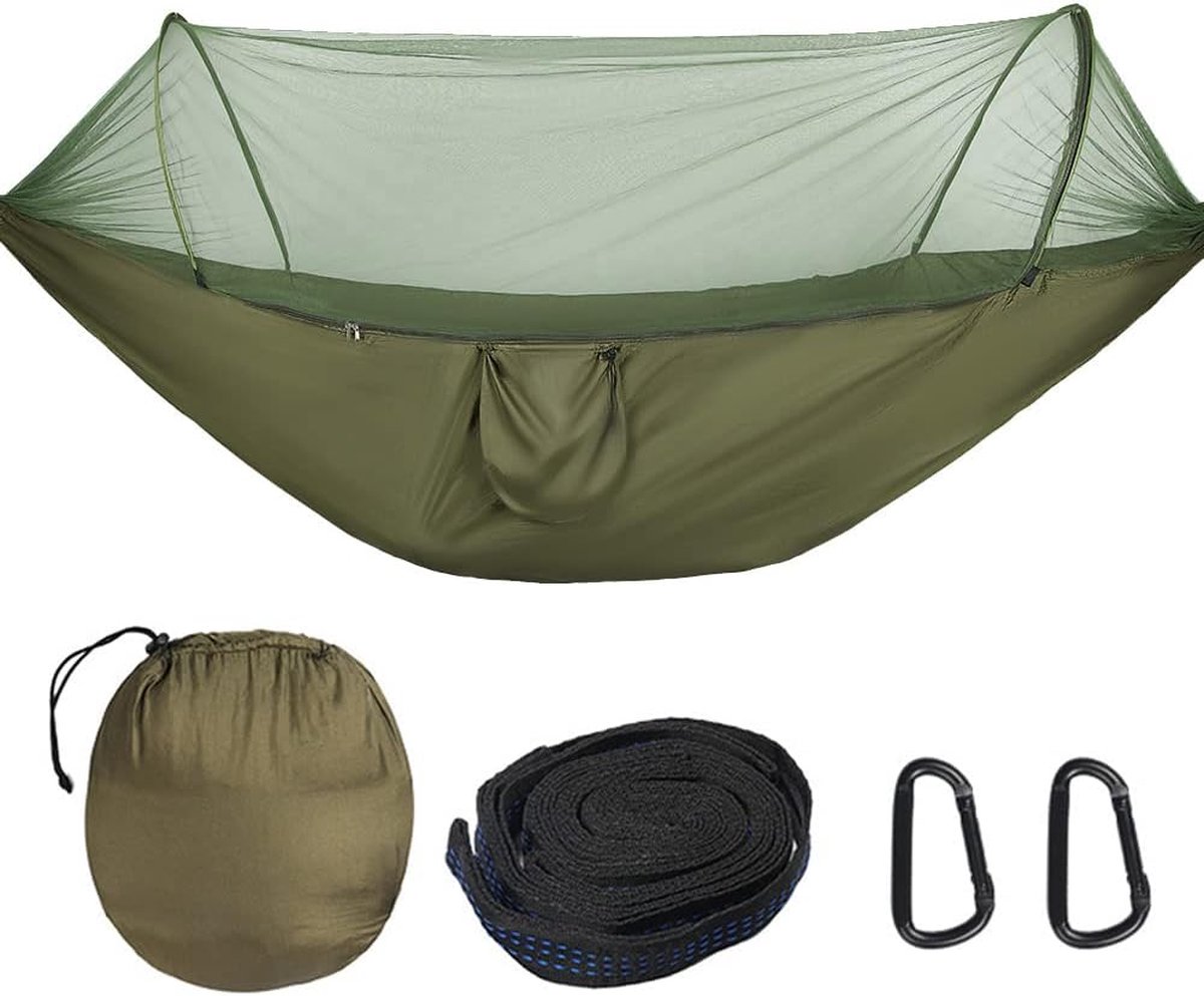 Outdoor hangmat, campinghangmat met klamboe Hangmat Draagbare hangmat Ultralicht reiskamperen met 2 premium karabijnhaken, 2 stuks 2 m nylon stroppen (legergroen) (4800437564702)