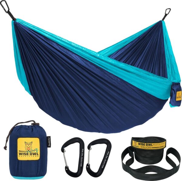 Outfitters Hangmat - outdoor hangmat voor 1 persoon - ultralichte rijsthangmat - belastbaar tot 180 kg - campingaccessoires - incl. ophanging en karabijnhaak (marineblauw en lichtblauw)M (0638932866984)