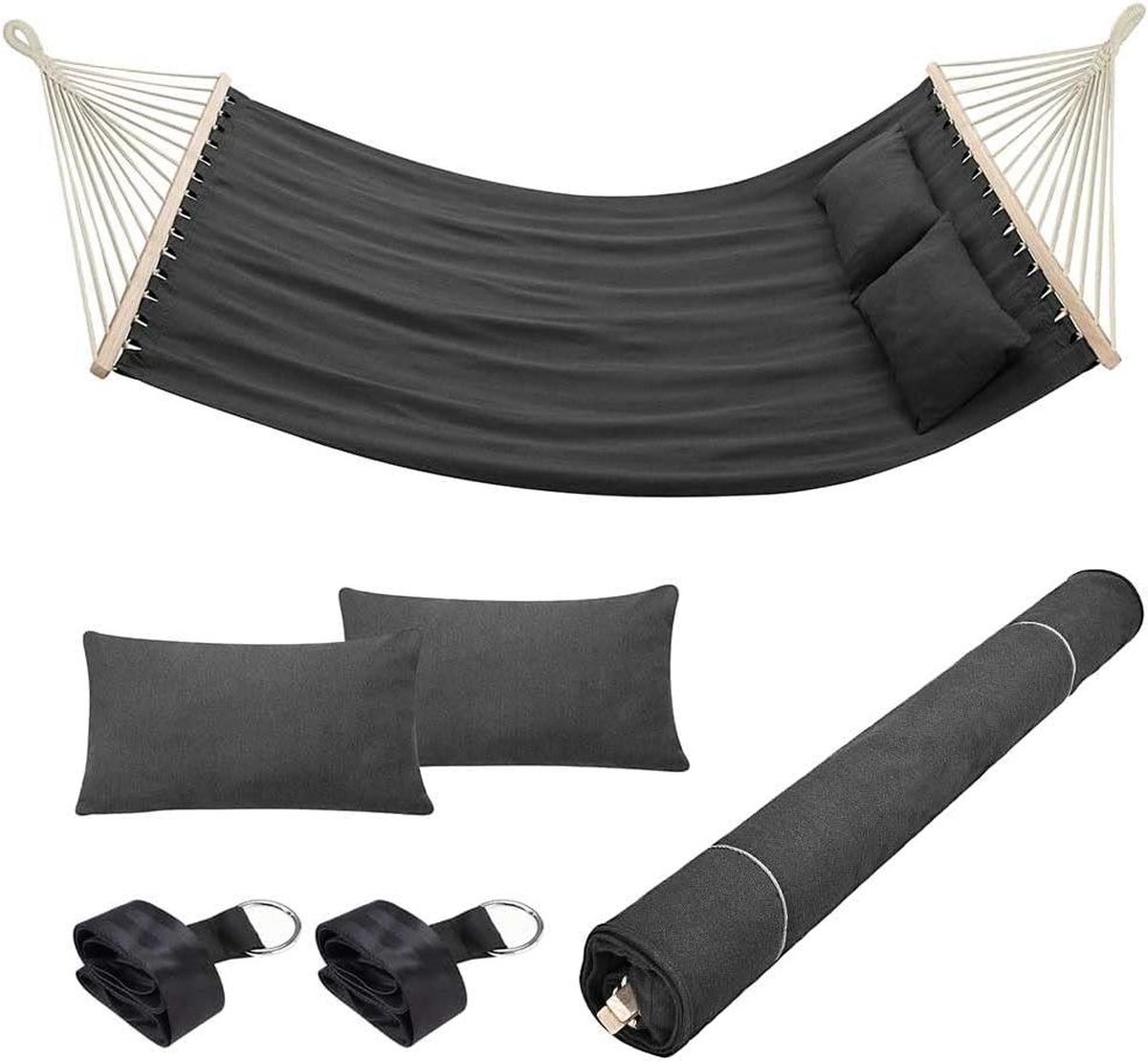 Tweepersoonsbed hangmat voor tuin - 2 zits - 232 x 148 cm - transparante houten stangen - katoenen overtrek - 2 kussens en riemen - modern design - tuin terras camping - antraciet (8785302372568)