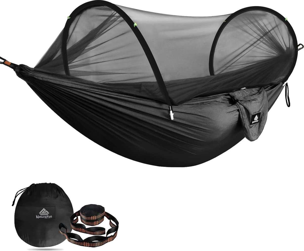 Ultra-Light Reizen Camping Hangmat, klamboe, hangmat, 300 kg draagkracht, ademend, sneldrogend parachute-nylon, 2 premium karabijnhaken, 2 nylon lussen inclusief zwart (4801288588992)