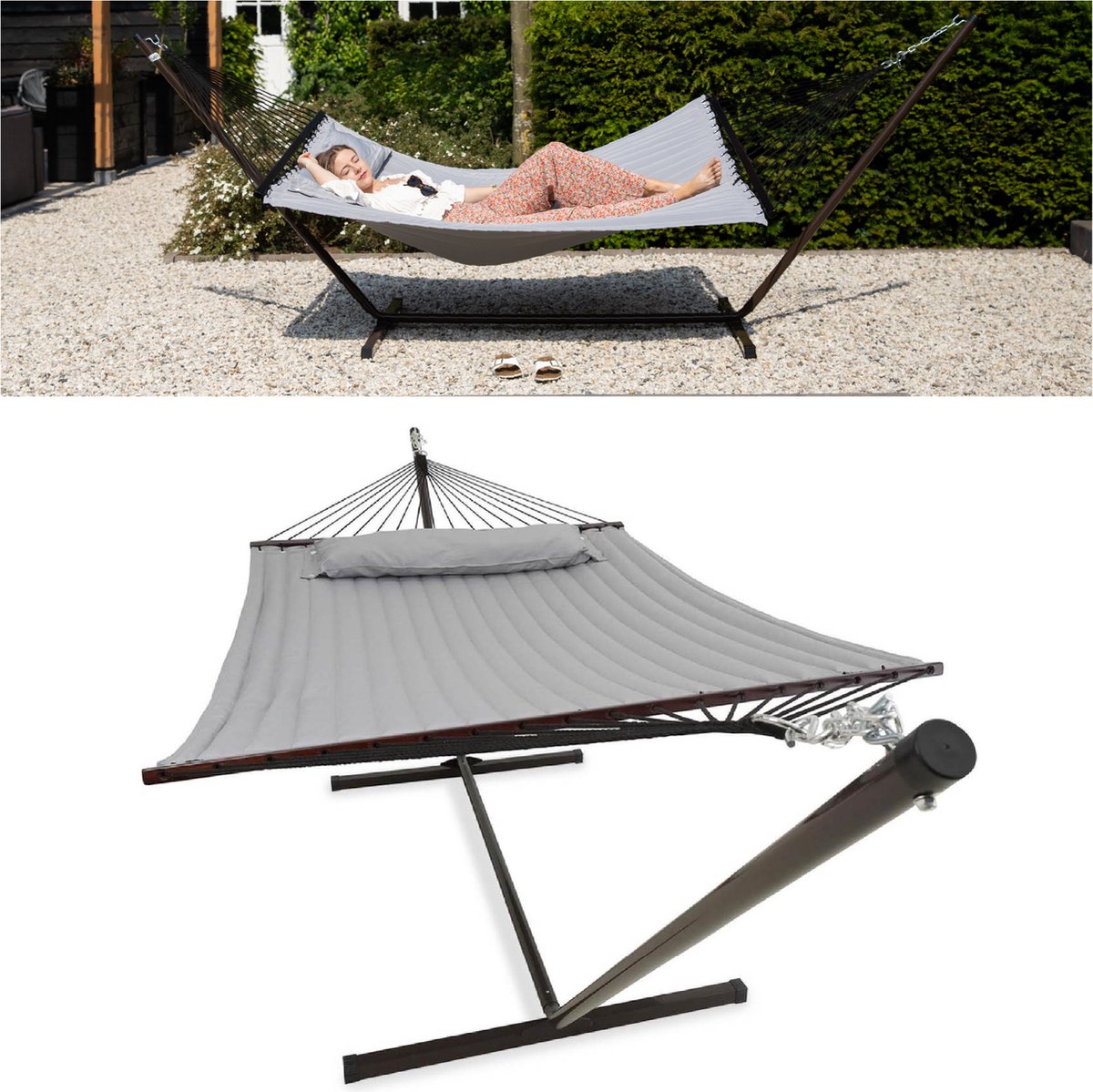 Vita5 Hangmat met Standaard 2 Persoons - Tuin Hangmat met Spreidstok en Frame - Grijs - UV-bestendig - Draaggewicht Tot 200 kg (8718734620853)